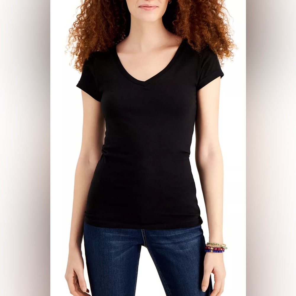 Aveto Juniors Black Fitted V-Neck T-shirt Cotton/Spandex Cap Sleeves Size Large